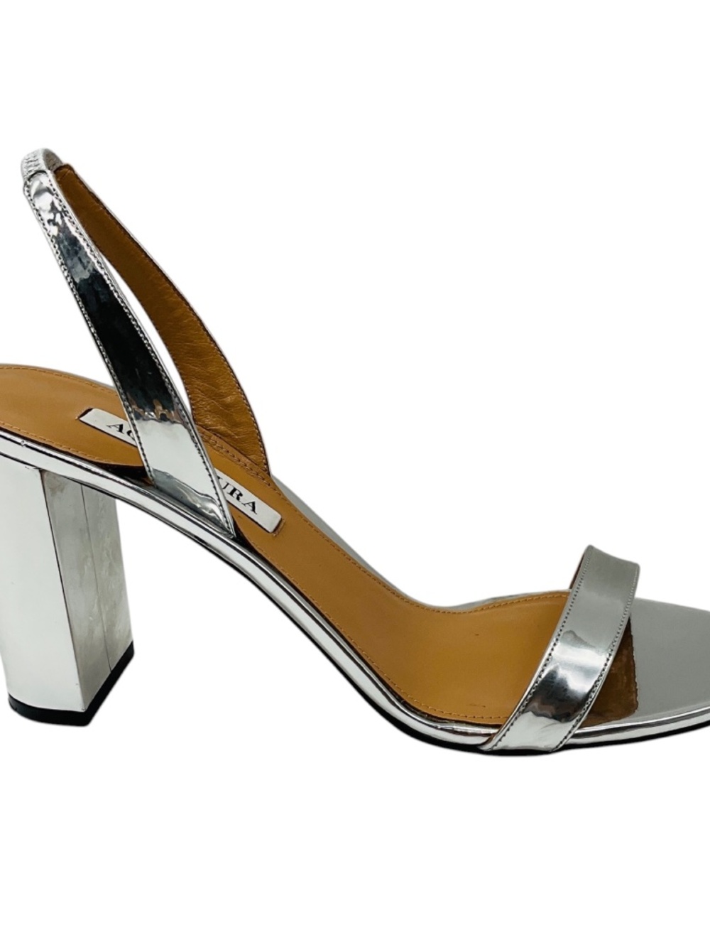 AQUAZZURA SILVER METALLIC SHINY LEATHER SO NUDE BLOCK 85 SLINGBACK SANDAL - Picture 2 of 7